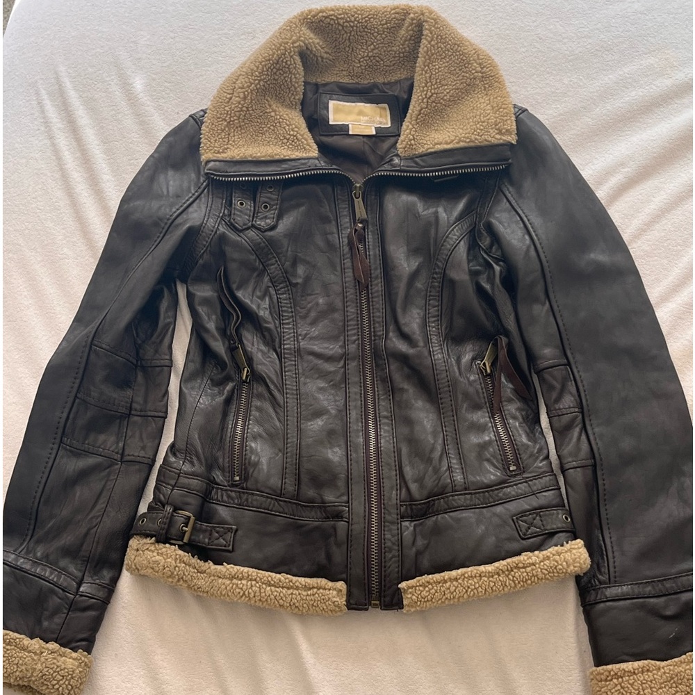 Michael Kors Women’s Brown Leather Jacket Faux Fur Trims Size Small